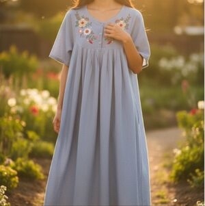 Vintage Denim Dress with Floral Embroidery